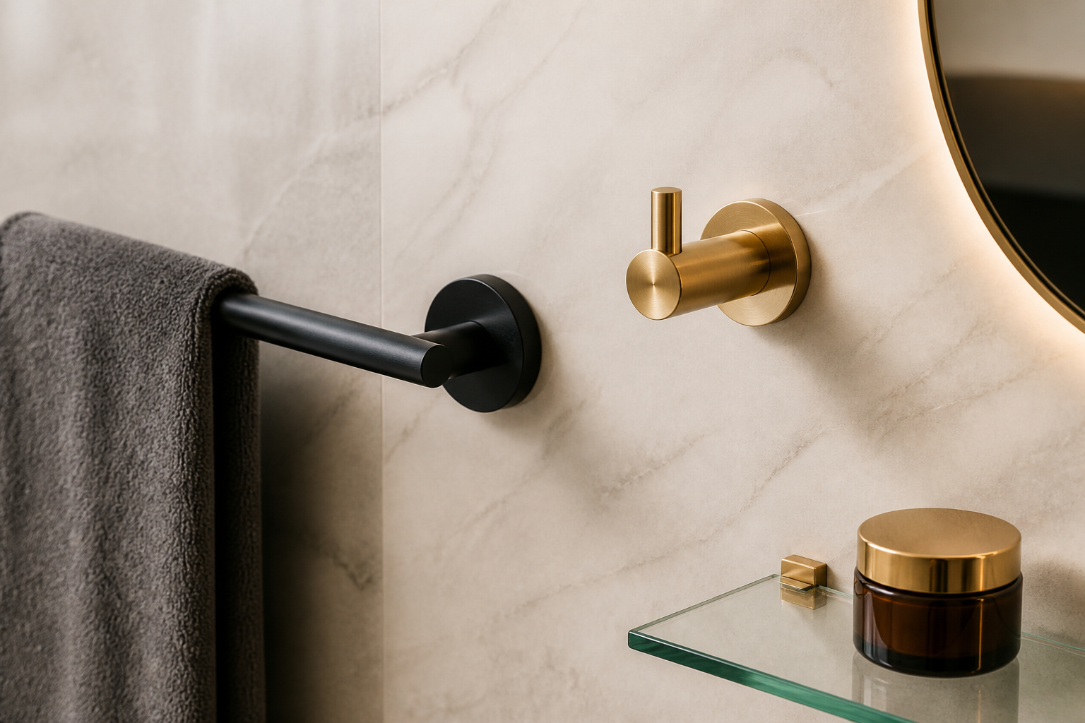 Luxury matte black towel bar and brushed gold bathroom accessories
