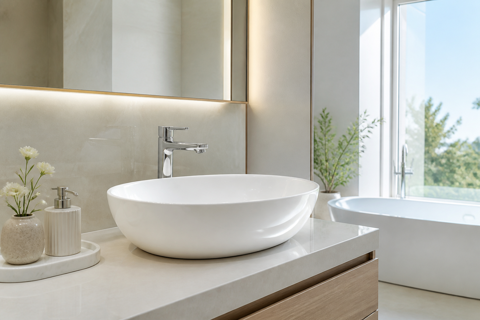 Luxury glossy white ceramic wash basin on a modern vanity