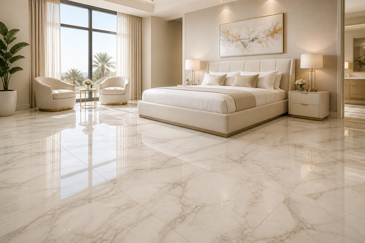 Luxury polished floor tiles in modern bright bedroom setting