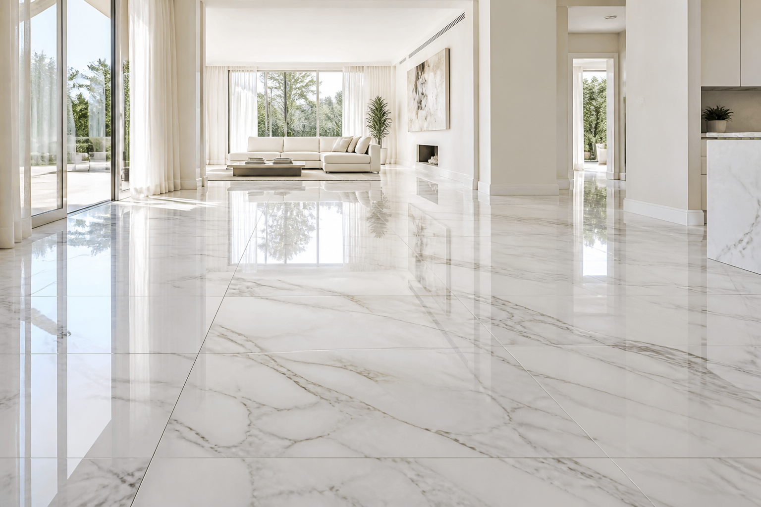 Luxury polished marble floor tiles in modern living interior