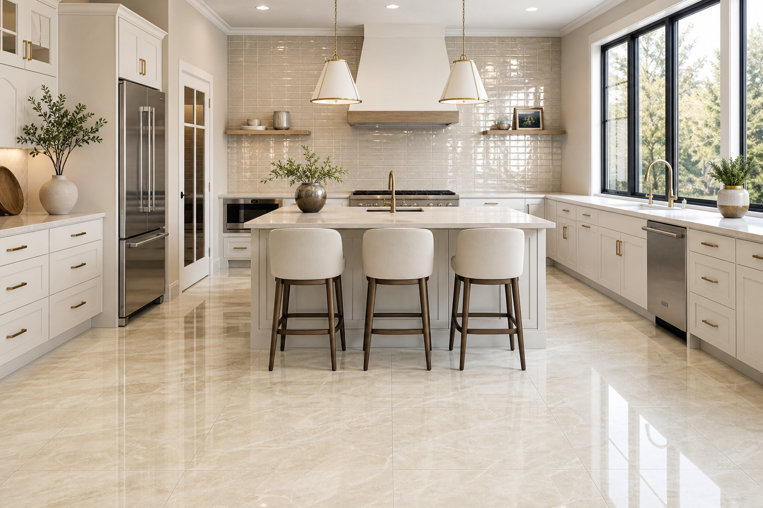 Modern luxury kitchen featuring elegant wall backsplash tiles and glossy floor tiles