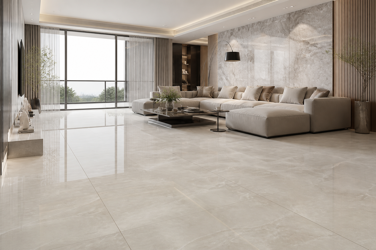Spacious contemporary living room with luxury marble floor tiles and textured accent wall tiles