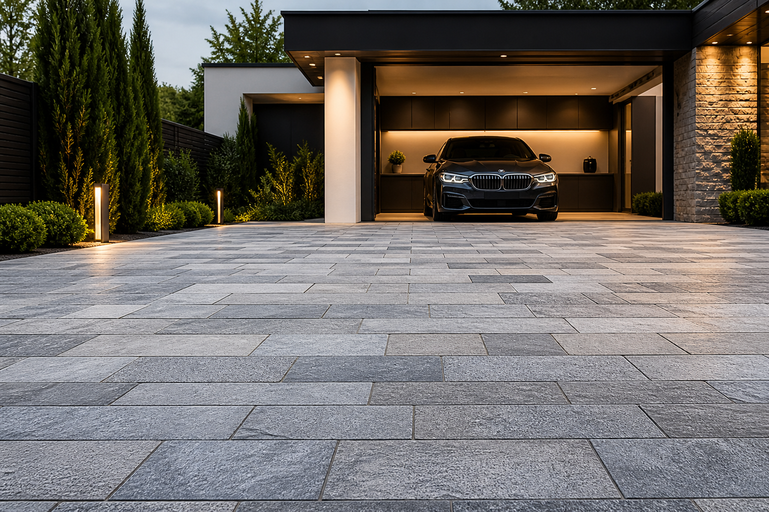 Modern garage and driveway featuring durable, heavy-duty exterior parking floor tiles